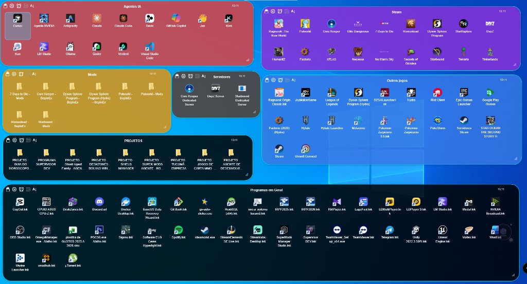 Desktop Windows com bolhas DeskZones organizando atalhos